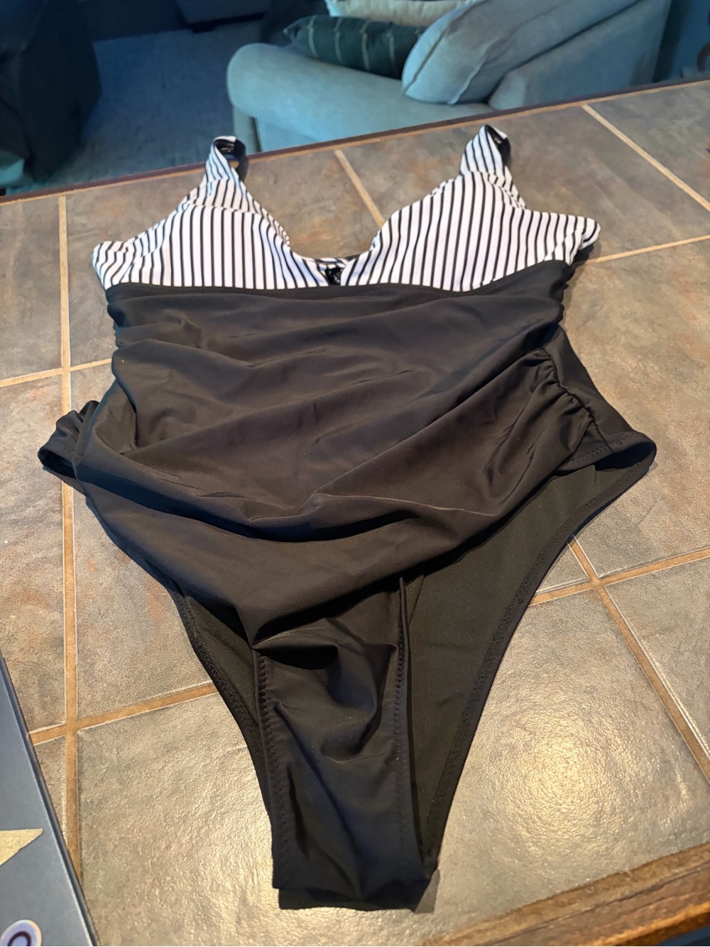 O'Neill Black One-Piece Swimsuit with White and Black Striped Top- never worn